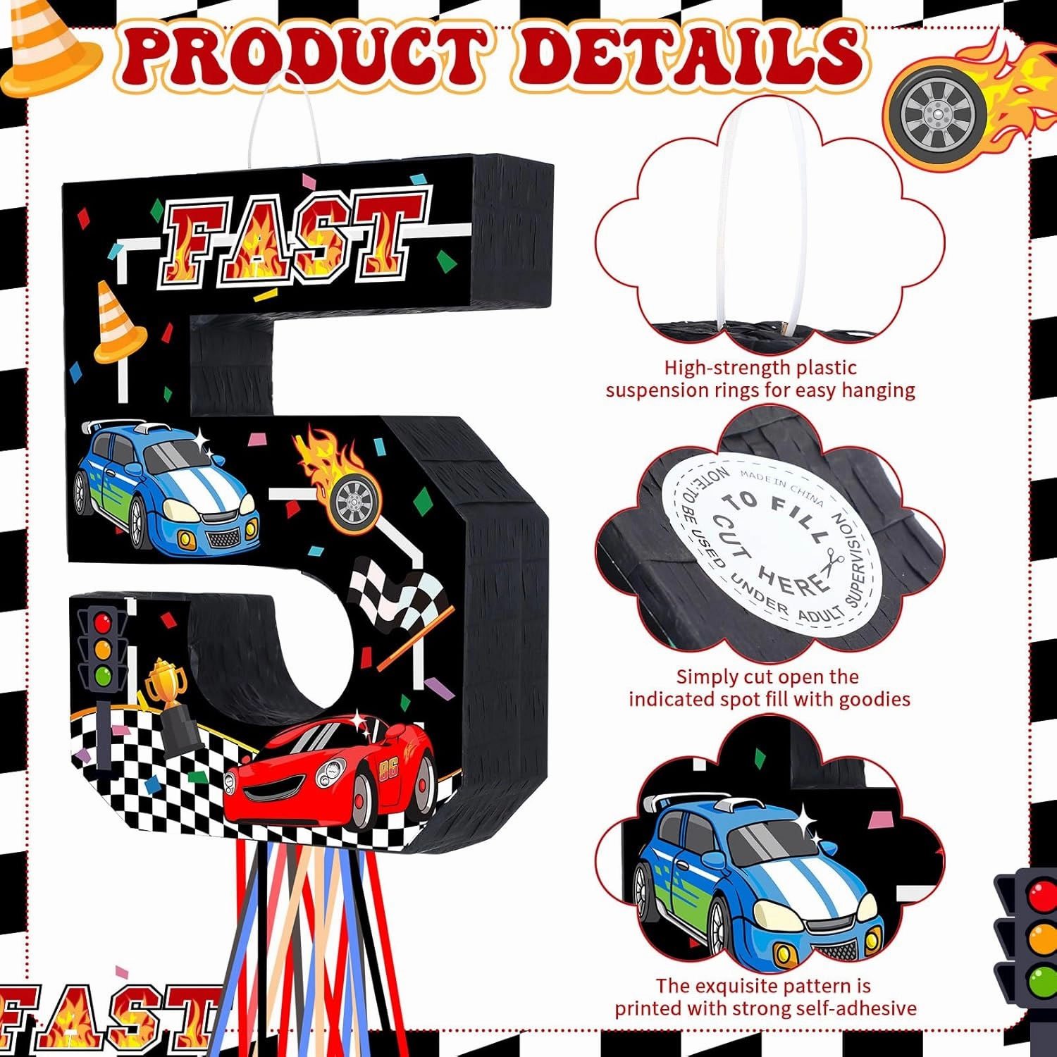Race Car Piñata Pull String Cars Piñatas for Birthday Party Decorations Number 2 3 4 5 6 with Blindfold Stick Small Red Black Racing Theme 2nd 3rd 4th 5th 6th Party Supplies(Number 5)