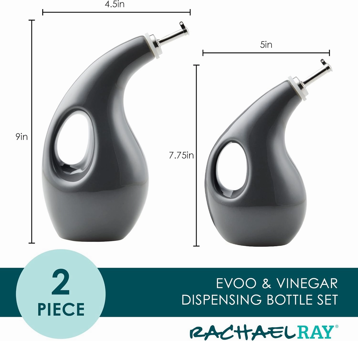 Rachael Ray Serveware Ceramic EVOO Oil and Vinegar Dispensing Bottle Set, 2 Piece, Gray