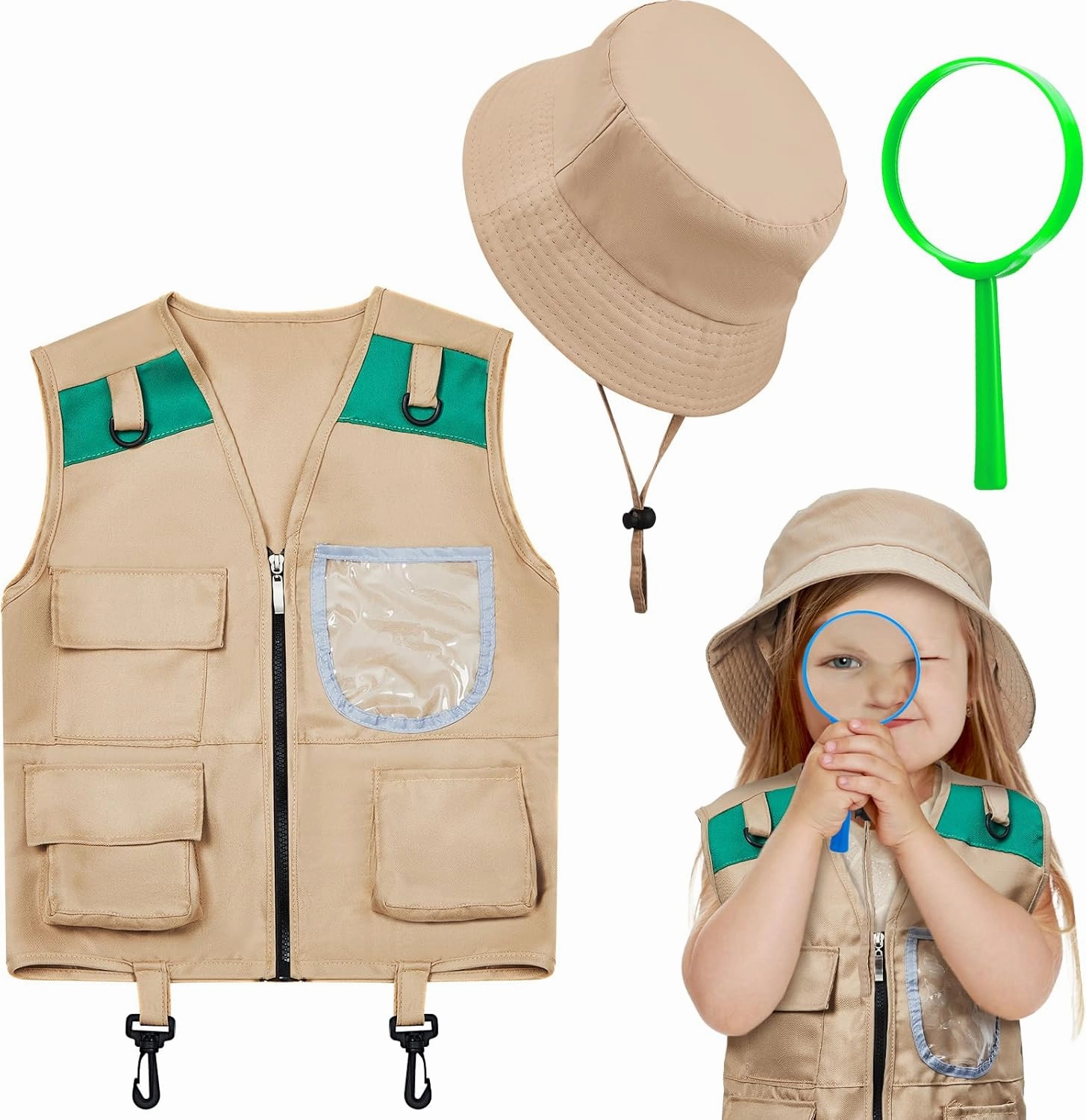 Ramede Kids Safari Explorer Vest and Hat Costume Fishing Adventure Camping Vest for Boy Girls Toddler Outfit(Classic,Green)