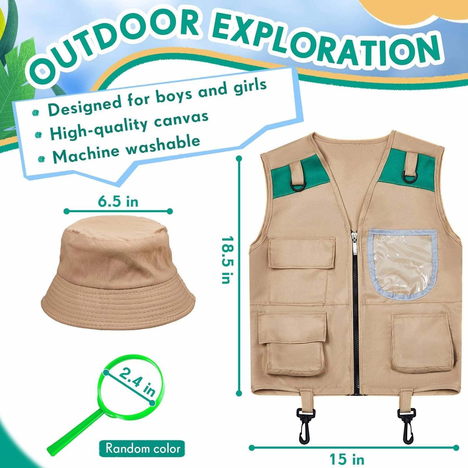 Ramede Kids Safari Explorer Vest and Hat Costume Fishing Adventure Camping Vest for Boy Girls Toddler Outfit(Classic,Green)