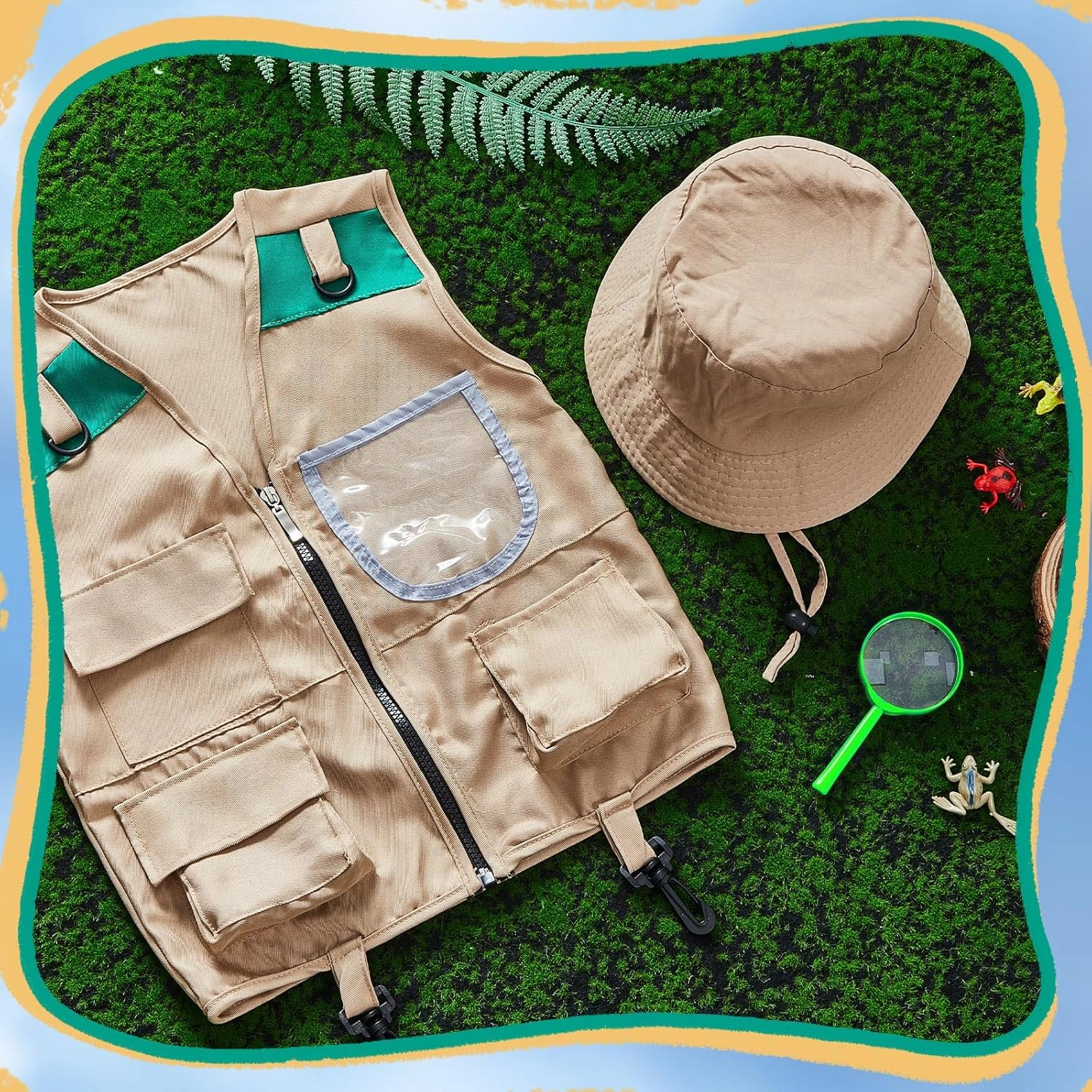 Ramede Kids Safari Explorer Vest and Hat Costume Fishing Adventure Camping Vest for Boy Girls Toddler Outfit(Classic,Green)