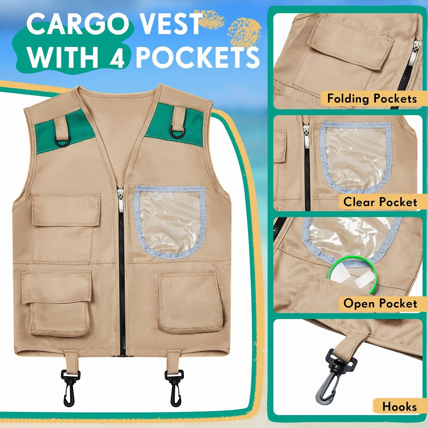 Ramede Kids Safari Explorer Vest and Hat Costume Fishing Adventure Camping Vest for Boy Girls Toddler Outfit(Classic,Green)