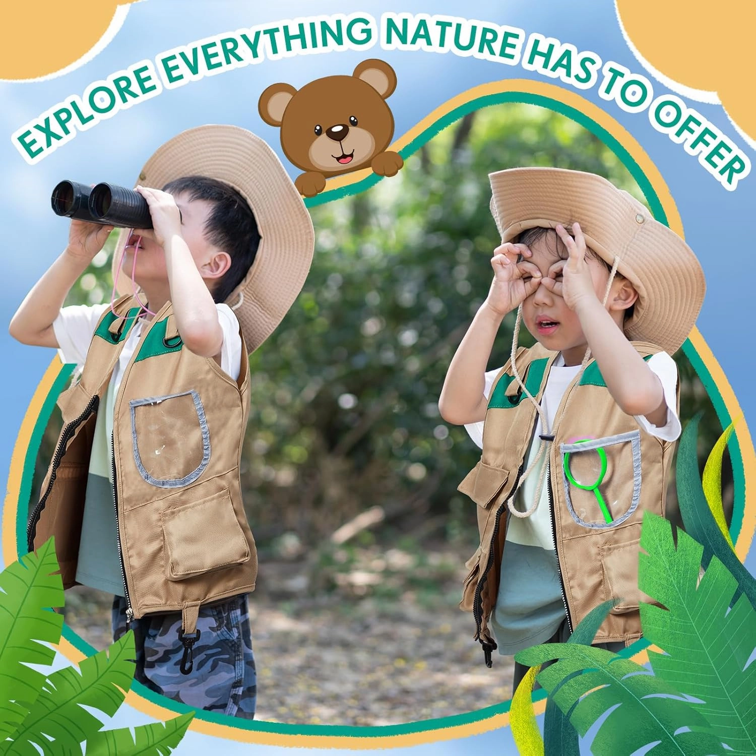 Ramede Kids Safari Explorer Vest and Hat Costume Fishing Adventure Camping Vest for Boy Girls Toddler Outfit(Classic,Green)