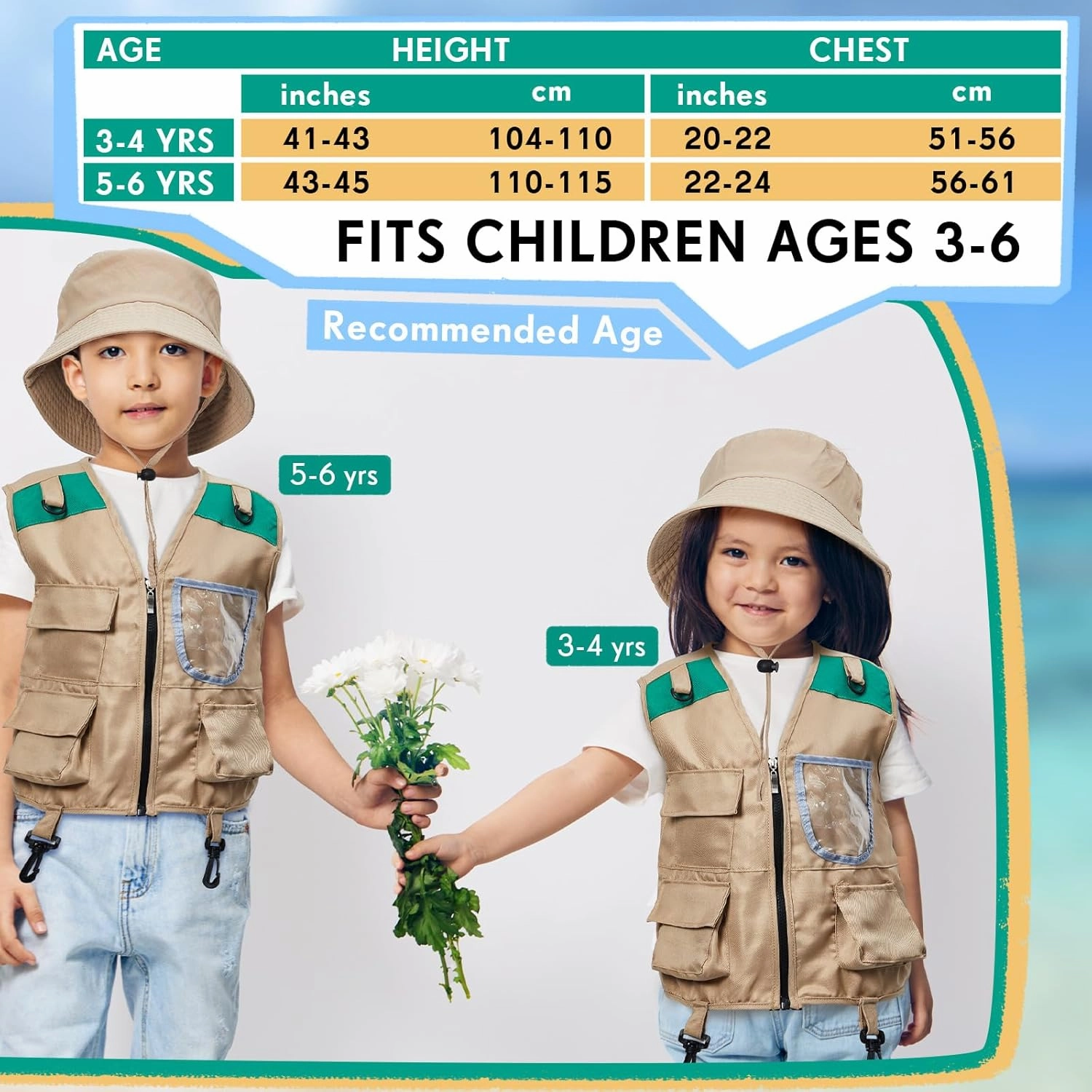 Ramede Kids Safari Explorer Vest and Hat Costume Fishing Adventure Camping Vest for Boy Girls Toddler Outfit(Classic,Green)