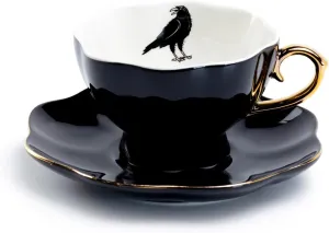 Raven Black Fine Porcelain Tea Cup and Saucer with Hand Painted Gold Trim Crow,Black White and Gold