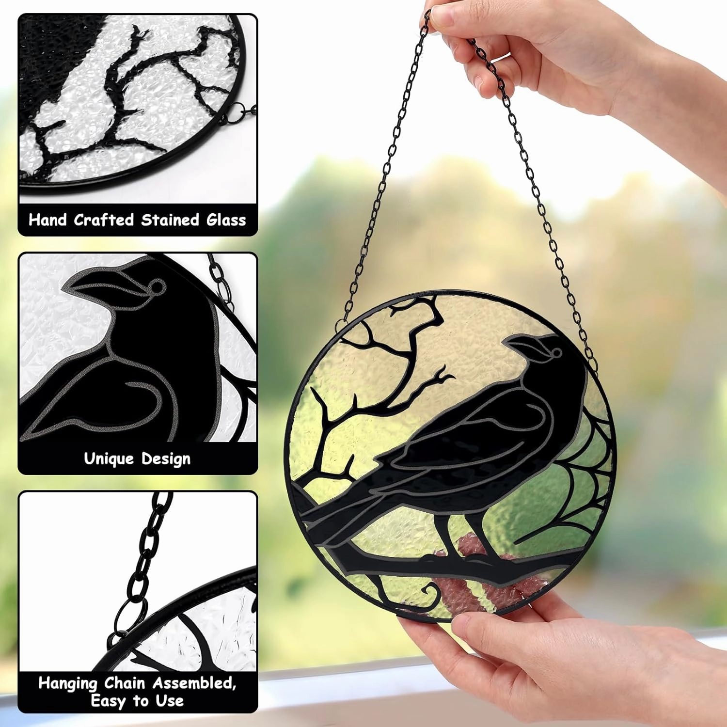 Raven Stained Glass Crow Suncatcher Gothic Window Hangings Black Bird Wall Art Gothic Spooky Ornament Horror Home Decor Witch