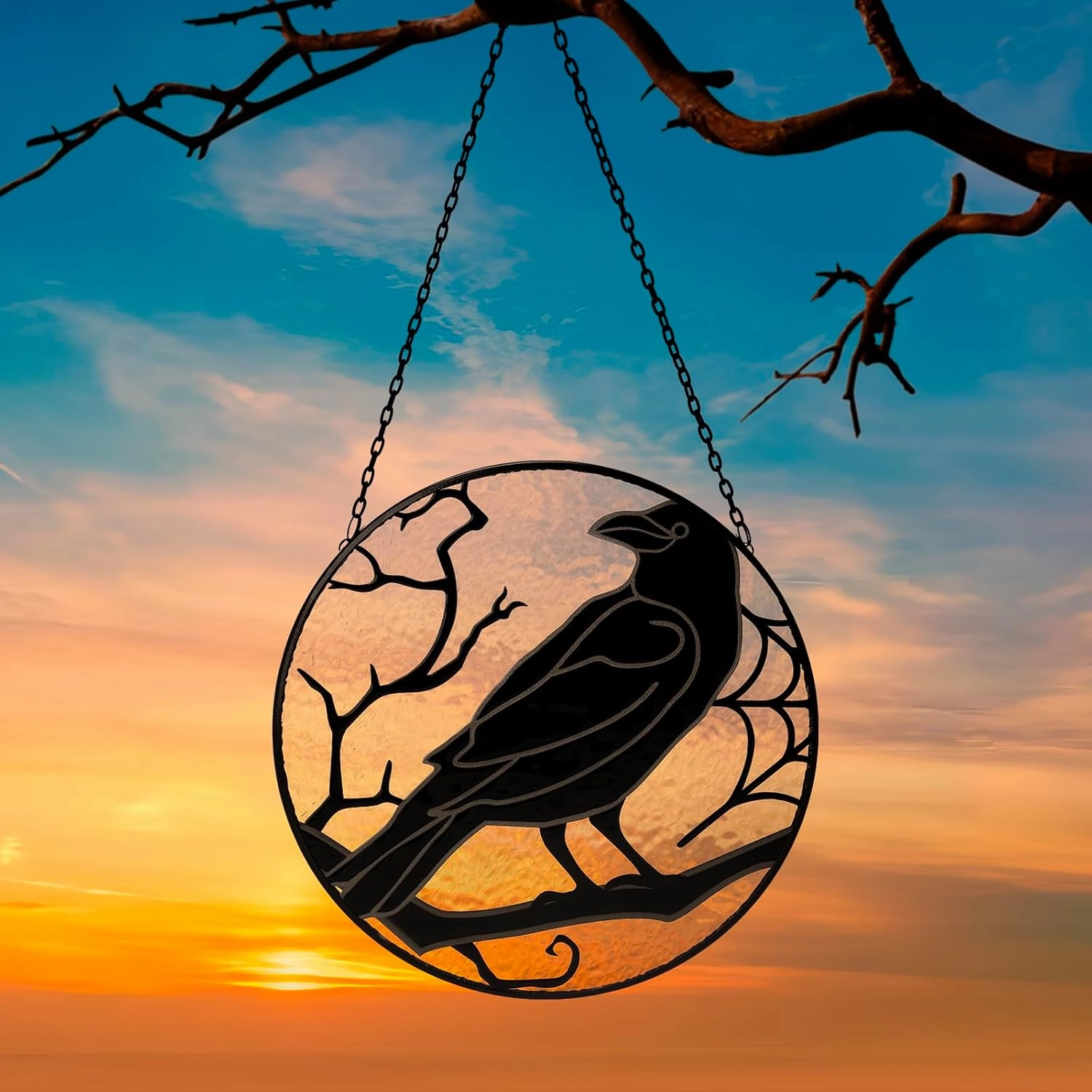 Raven Stained Glass Crow Suncatcher Gothic Window Hangings Black Bird Wall Art Gothic Spooky Ornament Horror Home Decor Witch