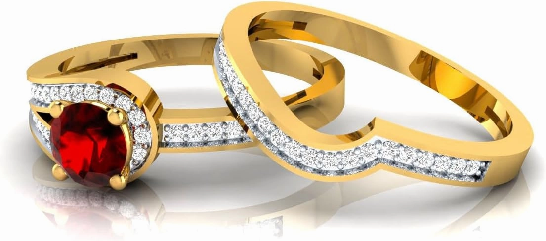 RD Cut Ruby & Dia 14K Yellow Gold Plated Beautiful Classic Engagement Bridal Ring Set For Women's