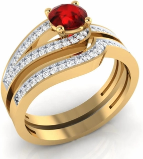 RD Cut Ruby & Dia 14K Yellow Gold Plated Beautiful Classic Engagement Bridal Ring Set For Women's