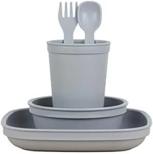 Re-Play Kids Dinnerware Set - 10 oz. Open Cup, 7" Flat Plate, 12 Oz. Bowl, Rounded Tip Fork and Deep Scoop Spoon - Dishwasher/Microwave Safe - Made in USA - Grey