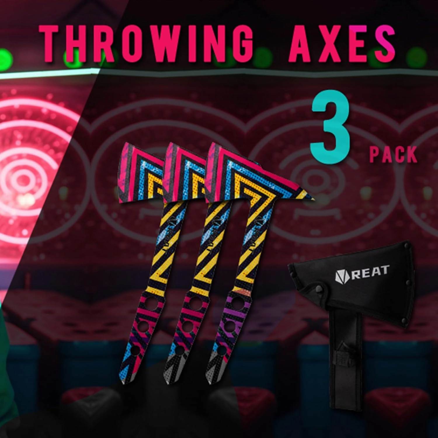 REAT Throwing Axe 3 Pack with Sheath, 10.5" Full Tang Desgin with Colorful Coating for Back Yard Throwing Game, Recreation and Competition