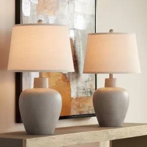Regency Hill Glenn Rustic Country Cottage Style Table Lamps 27" Tall Set of 2 Southwest Urn Neutral Fabric Drum Shade Decor for Living Room Bedroom House Bedside Nightstand Home Office