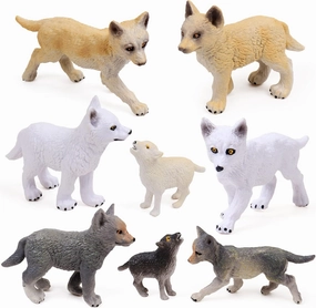 RESTCLOUD 8Pcs Wolf Cub Toy Figure Set Baby Wolves Animals Figurines