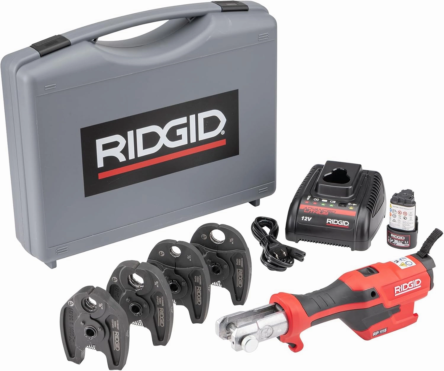 RIDGID 72558 Model RP 115 Mini Press Tool and Battery Kit with 1/2" to 3/4" ProPress and PureFlow Press Tool Jaws, 2V Li/Ion Battery, 12V Charger, and Carrying Case