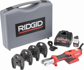 RIDGID 72558 Model RP 115 Mini Press Tool and Battery Kit with 1/2" to 3/4" ProPress and PureFlow Press Tool Jaws, 2V Li/Ion Battery, 12V Charger, and Carrying Case