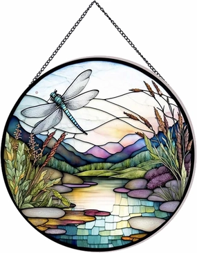 River and Dragonfly Pattern Suncatcher Stained Glass,Hanging Stained Glass for Windows,20cm/7.87inch Hand-Painted Sun Catcher Garden Hangings Painted Glass Panel Decor Themed Gift