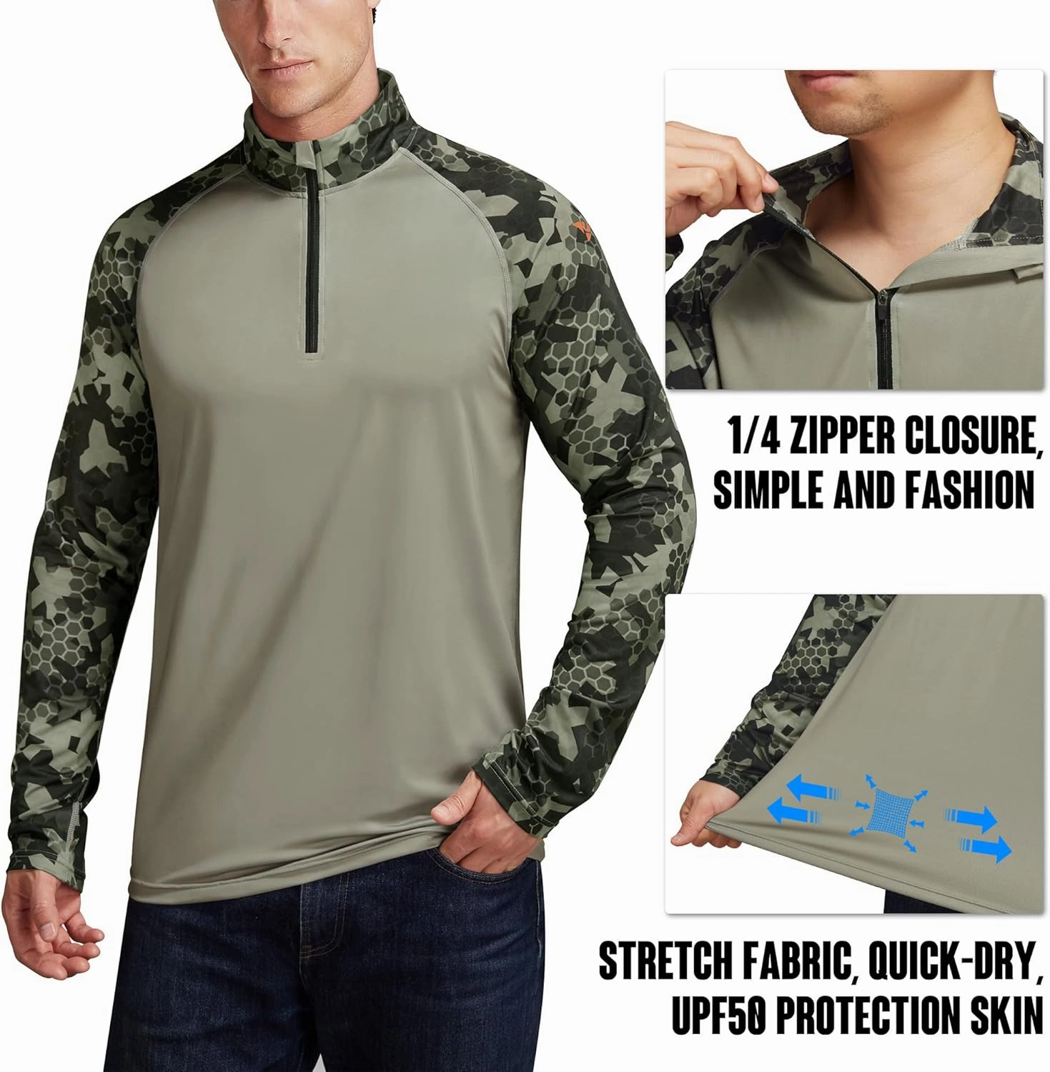 Rodeel Men's Running Hiking Shirts 1/4 Zip UPF 50  Sun Protection Long Sleeve Shirt