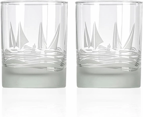 Rolf Glass Regatta 13oz Double Old Fashioned Glass | Set of 2 Whiskey Cocktail Tumblers | Engraved and Lead-Free | Made in the USA | Nautical Sailboat Design