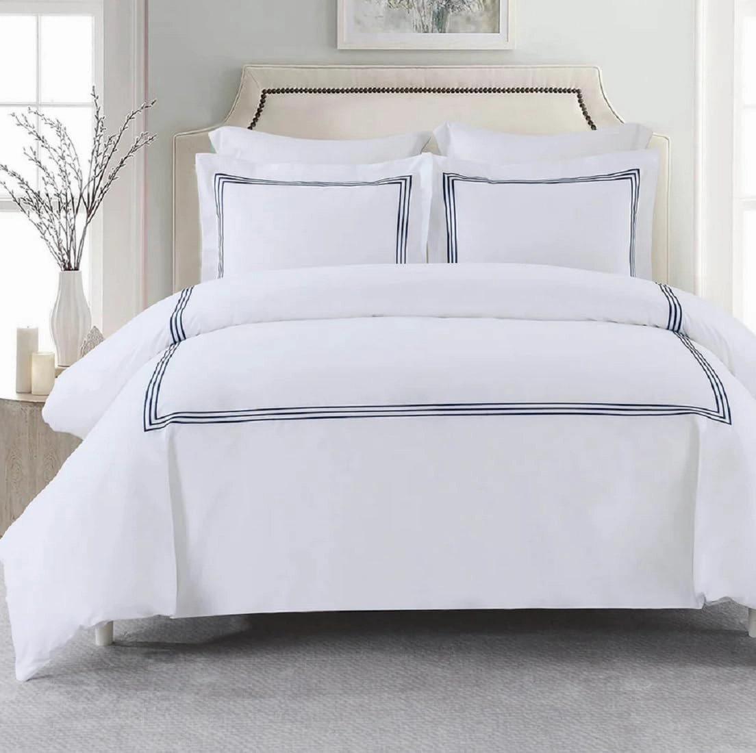 Royal Tradition 3pc Percale Duvet Cover Set (King/Calking, Navy) Adeline Embroidered Comforter Cover with Pillow Shams