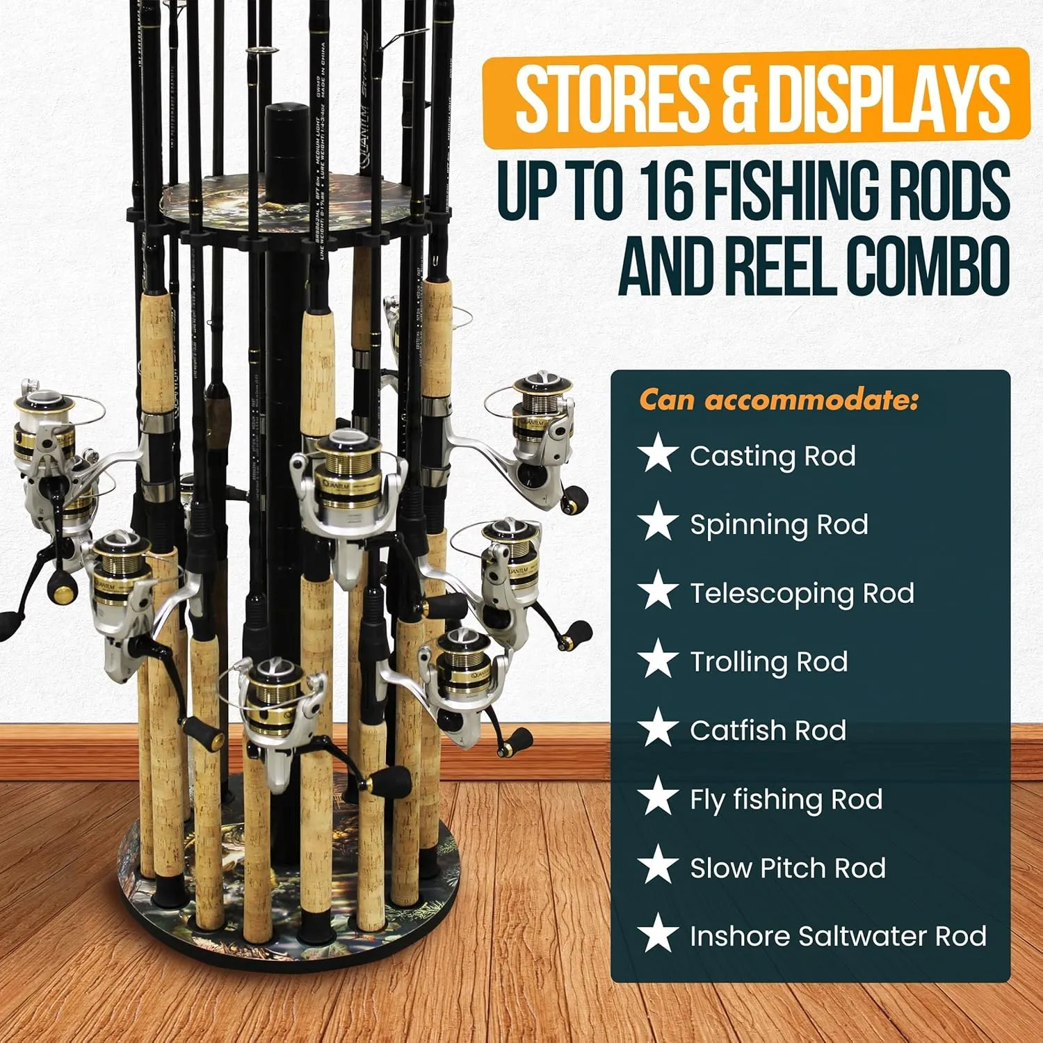 Rush Creek Creations Round Fishing Rod Holder - 16 Pole Rack with Clips for Garage Organization
