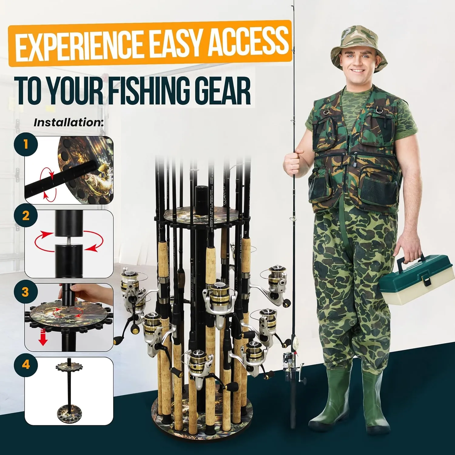 Rush Creek Creations Round Fishing Rod Holder - 16 Pole Rack with Clips for Garage Organization