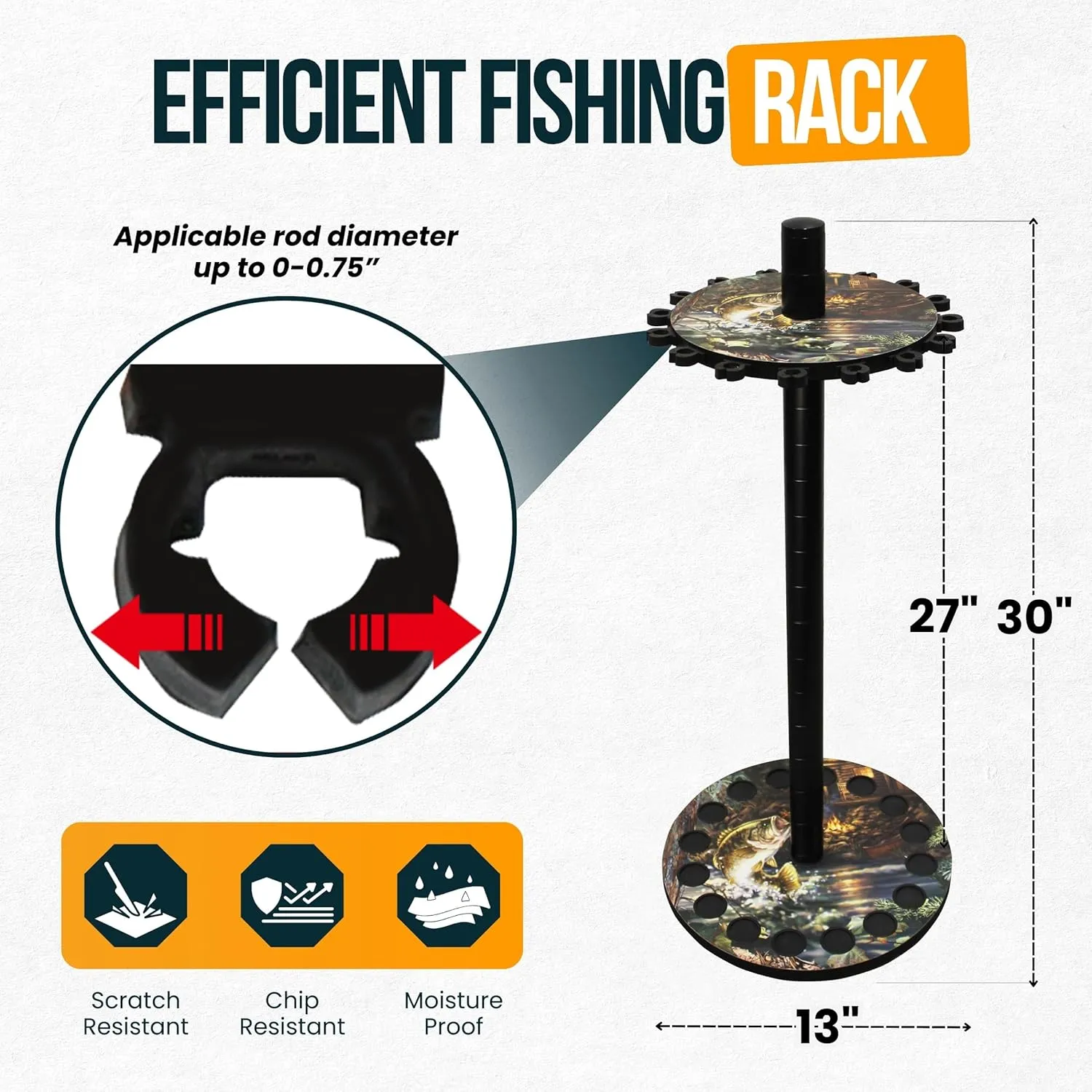 Rush Creek Creations Round Fishing Rod Holder - 16 Pole Rack with Clips for Garage Organization