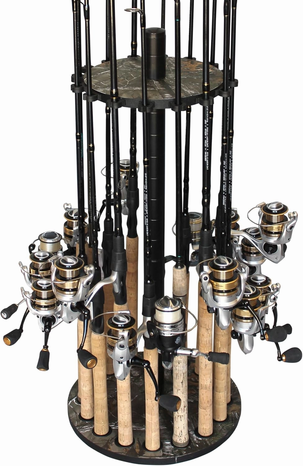 Rush Creek Creations | Round Spinning Fishing Rod Holder for 16 Freshwater Fishing Poles, Fishing Gear, and Fishing Accessories | Fishing Rod Rack with 16 Fishing Rod Clips for Garage Organization