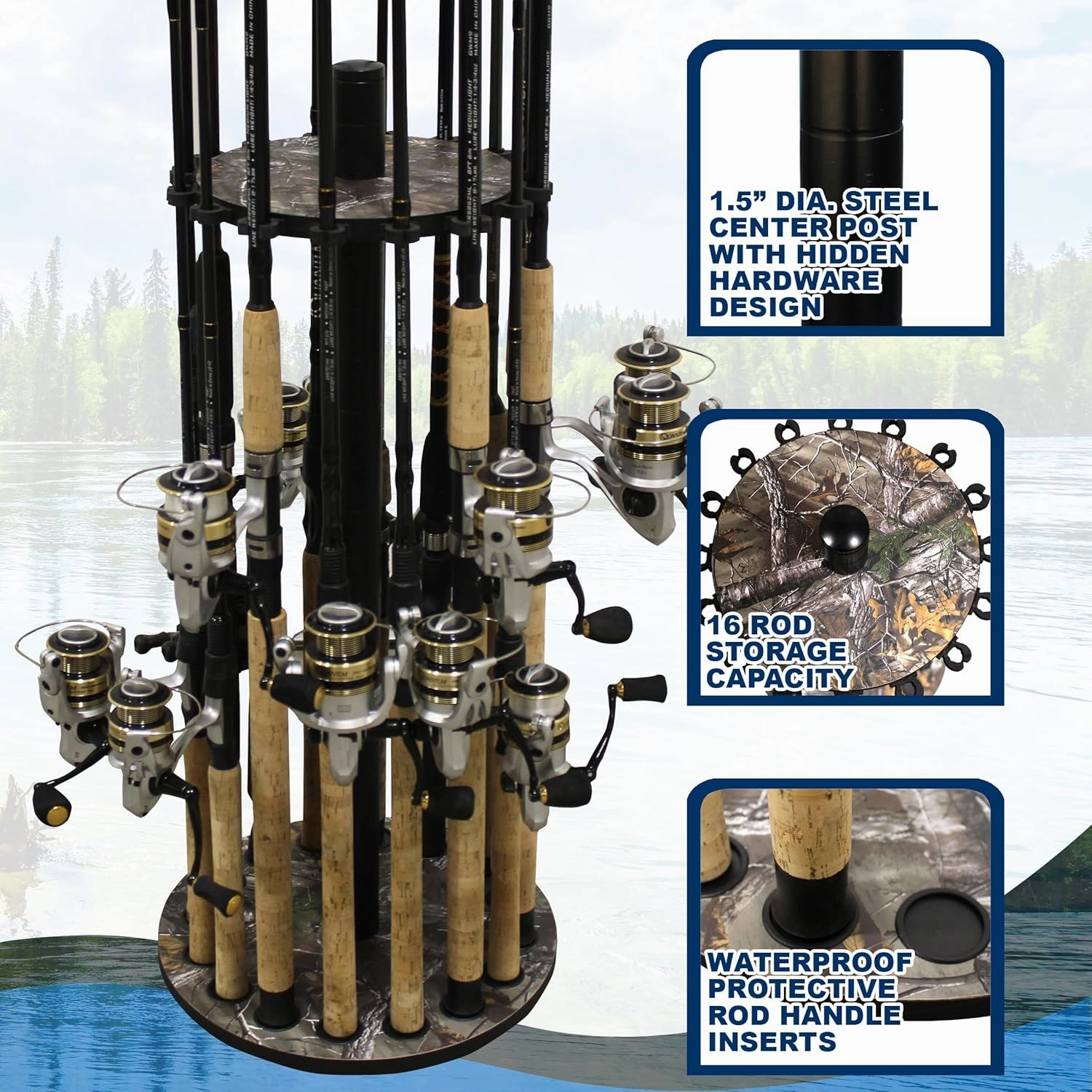 Rush Creek Creations | Round Spinning Fishing Rod Holder for 16 Freshwater Fishing Poles, Fishing Gear, and Fishing Accessories | Fishing Rod Rack with 16 Fishing Rod Clips for Garage Organization