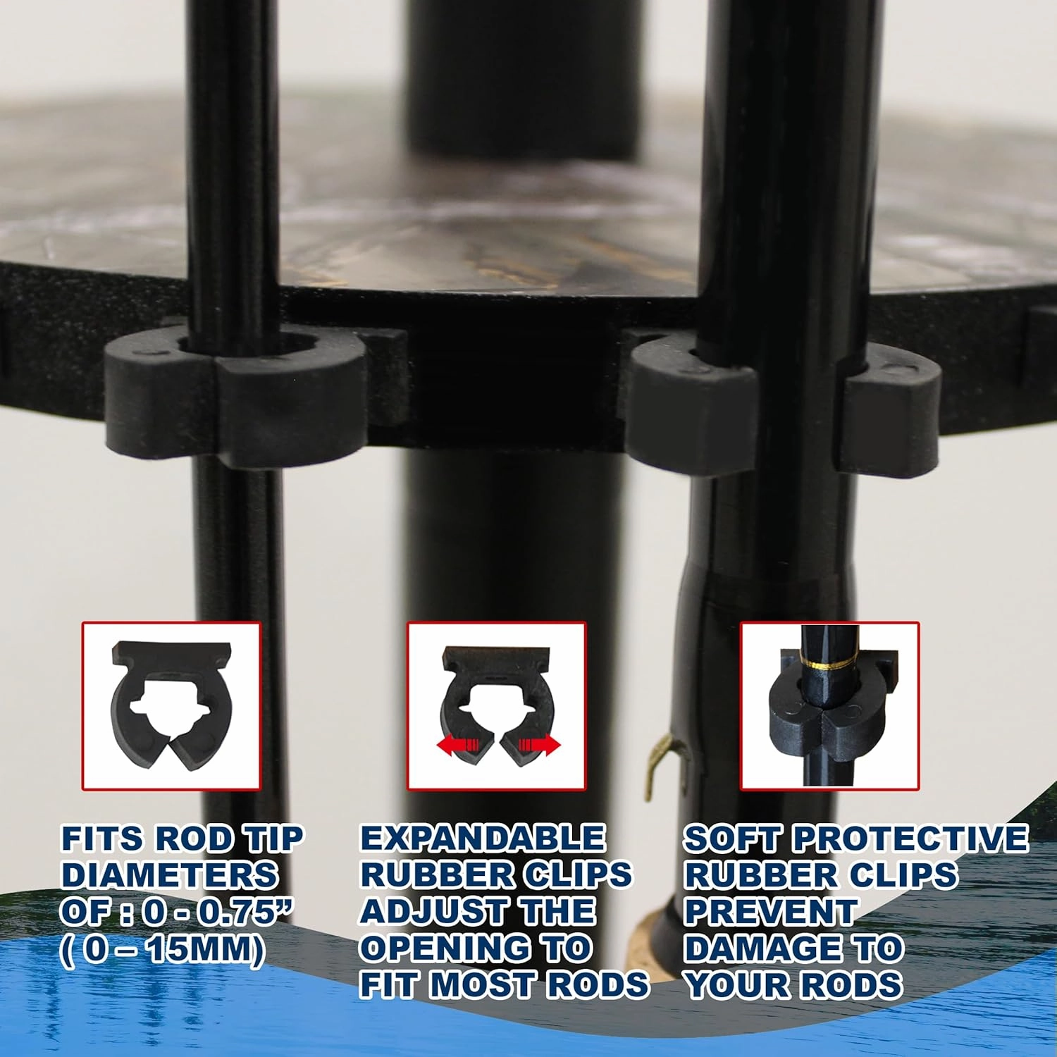 Rush Creek Creations | Round Spinning Fishing Rod Holder for 16 Freshwater Fishing Poles, Fishing Gear, and Fishing Accessories | Fishing Rod Rack with 16 Fishing Rod Clips for Garage Organization