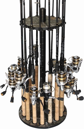 Rush Creek Creations | Round Spinning Fishing Rod Holder for 16 Freshwater Fishing Poles, Fishing Gear, and Fishing Accessories | Fishing Rod Rack with 16 Fishing Rod Clips for Garage Organization