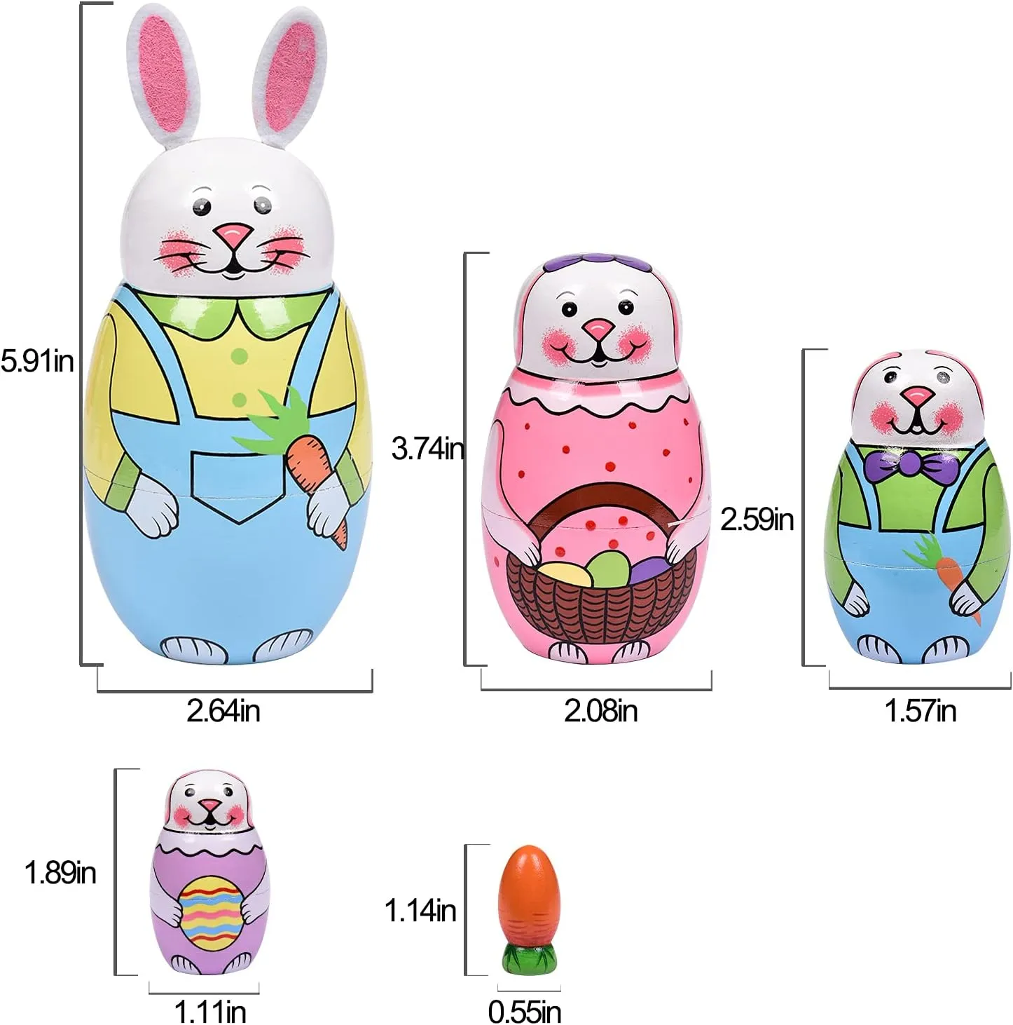 Russian Nesting Dolls, Stacking Wooden Handmade Matryoshka Dolls, 5 Pcs 6 ''Tall Animal Nesting Easter Eggs Toys for Kids Toddlers Birthday or Home Decoration Gift (Rabbit)