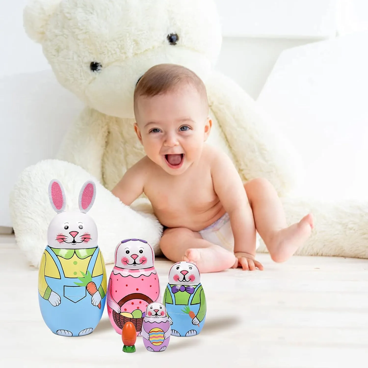 Russian Nesting Dolls, Stacking Wooden Handmade Matryoshka Dolls, 5 Pcs 6 ''Tall Animal Nesting Easter Eggs Toys for Kids Toddlers Birthday or Home Decoration Gift (Rabbit)
