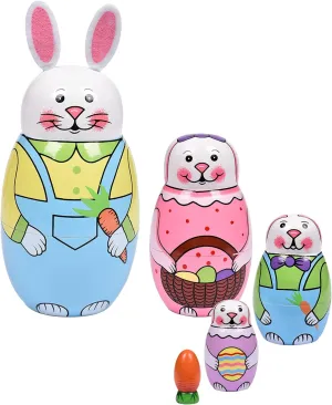 Russian Nesting Dolls, Stacking Wooden Handmade Matryoshka Dolls, 5 Pcs 6 ''Tall Animal Nesting Easter Eggs Toys for Kids Toddlers Birthday or Home Decoration Gift (Rabbit)