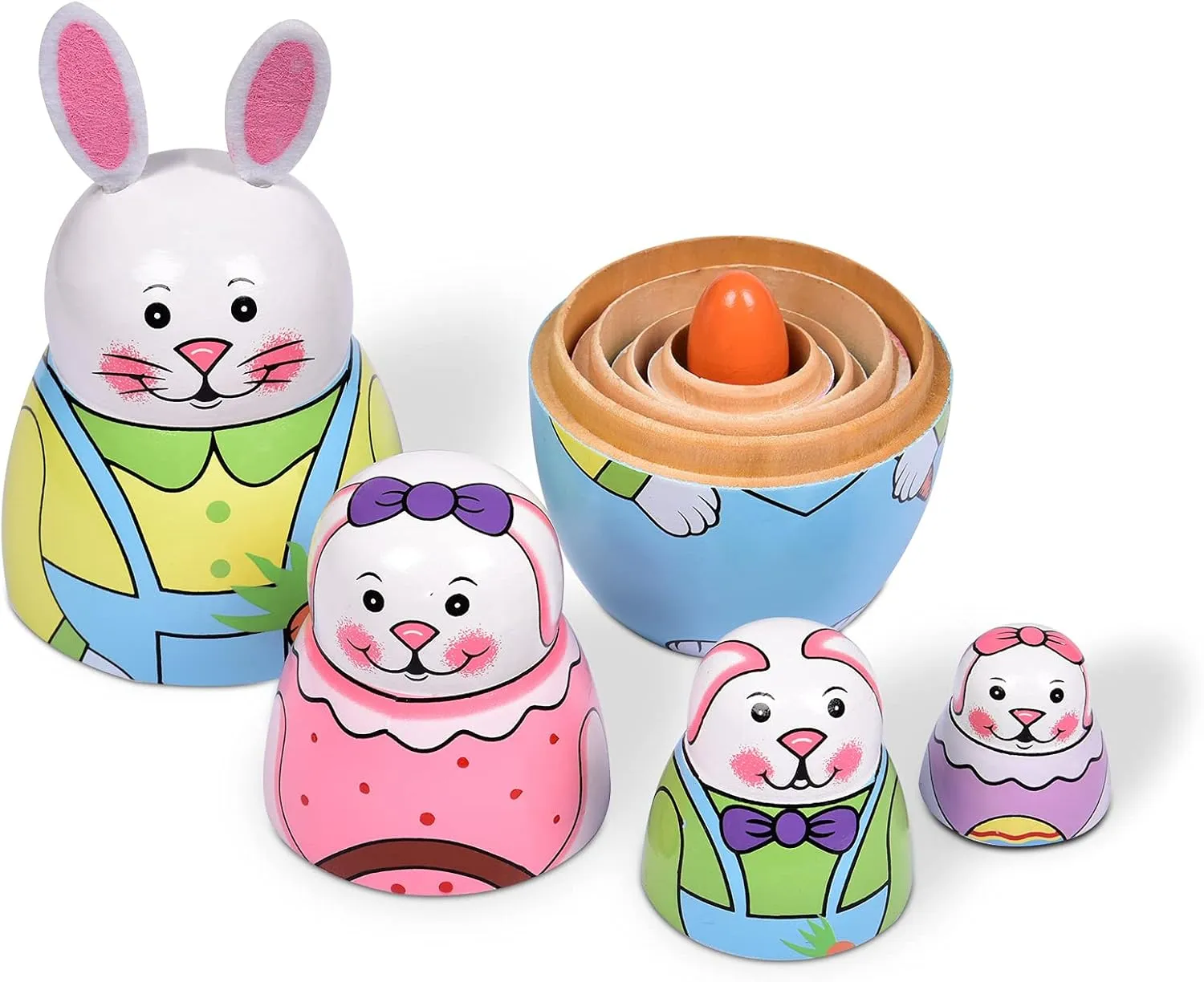 Russian Nesting Dolls, Stacking Wooden Handmade Matryoshka Dolls, 5 Pcs 6 ''Tall Animal Nesting Easter Eggs Toys for Kids Toddlers Birthday or Home Decoration Gift (Rabbit)