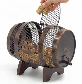 Rustic Metal Large Barrel Wine Cork Holder Display On Wooden Stand, Container for Display, Home Decor, Housewarming Gifts, Home Bar Decor, Wine Gifts, Engagement Gifts, Kitchen Decor
