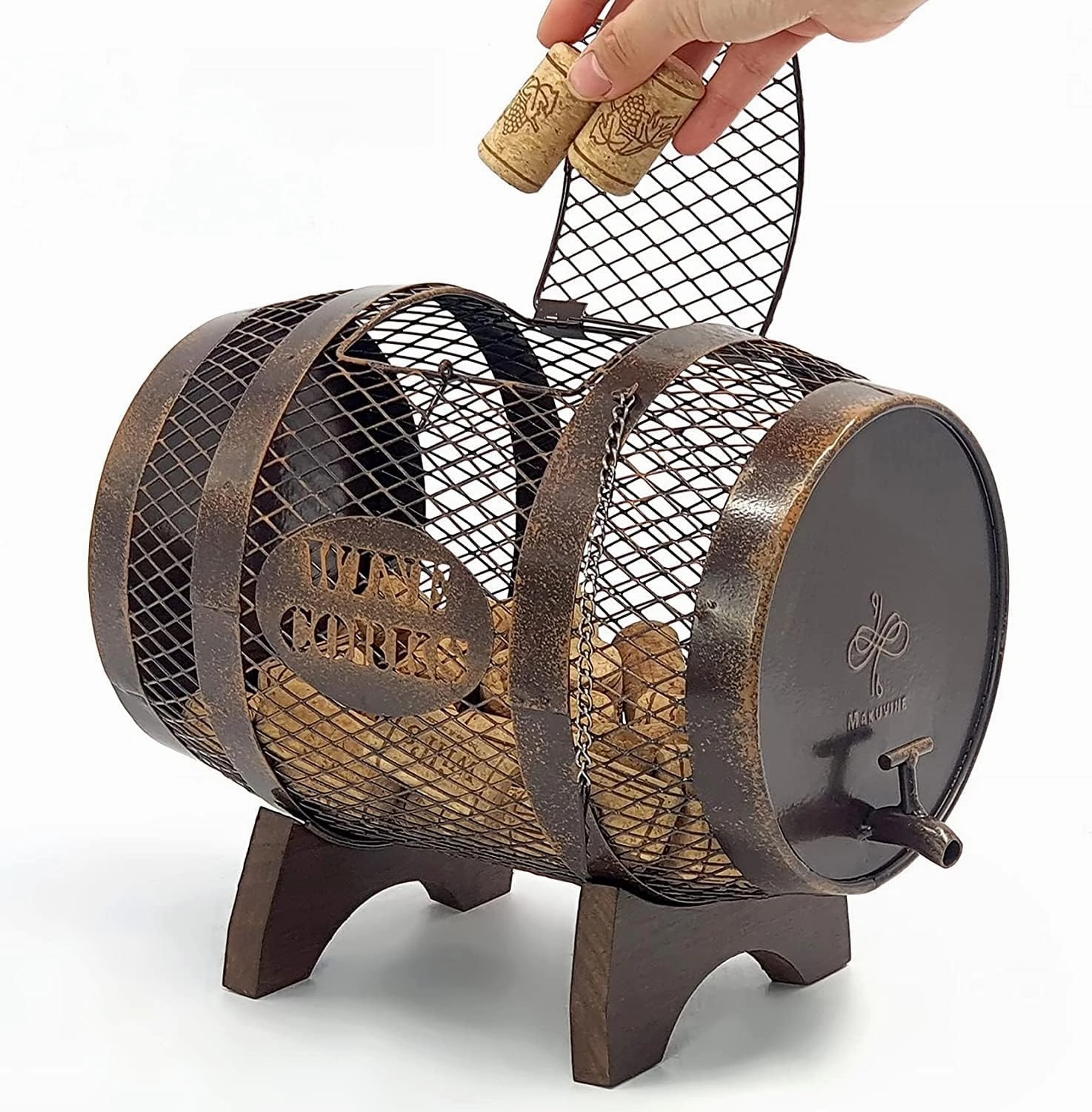 Rustic Metal Large Barrel Wine Cork Holder Display On Wooden Stand, Container for Display, Home Decor, Housewarming Gifts, Home Bar Decor, Wine Gifts, Engagement Gifts, Kitchen Decor