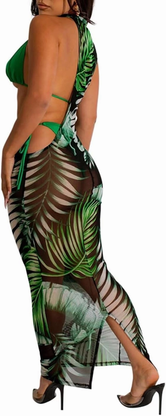 Ryehack Sexy 3 Piece Swimsuits for Women Bikini Sets and Cover Up Cutout Sleeveless Halter Sheer Mesh Maxi Dress