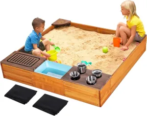 Sandbox with Cover, 2 in 1 Sandpit & Kitchen Playset, Outdoor Sand Box with Bottom Liner, PP Cover, Grill, Cooking Accessories, Toddlers Sandboxes for Backyard, Beach, Garden, Gift for Kids