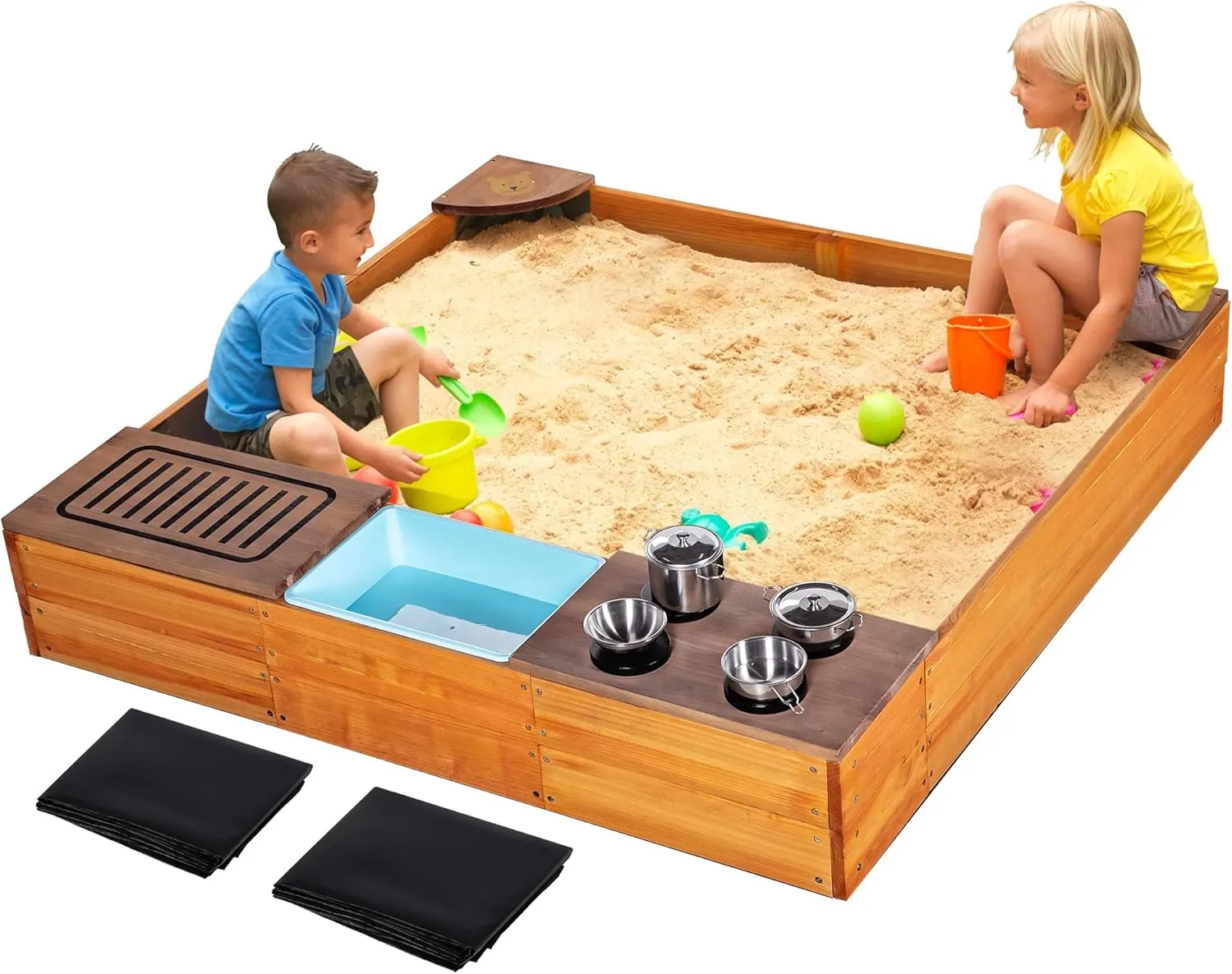 Sandbox with Cover, 2 in 1 Sandpit & Kitchen Playset, Outdoor Sand Box with Bottom Liner, PP Cover, Grill, Cooking Accessories, Toddlers Sandboxes for Backyard, Beach, Garden, Gift for Kids