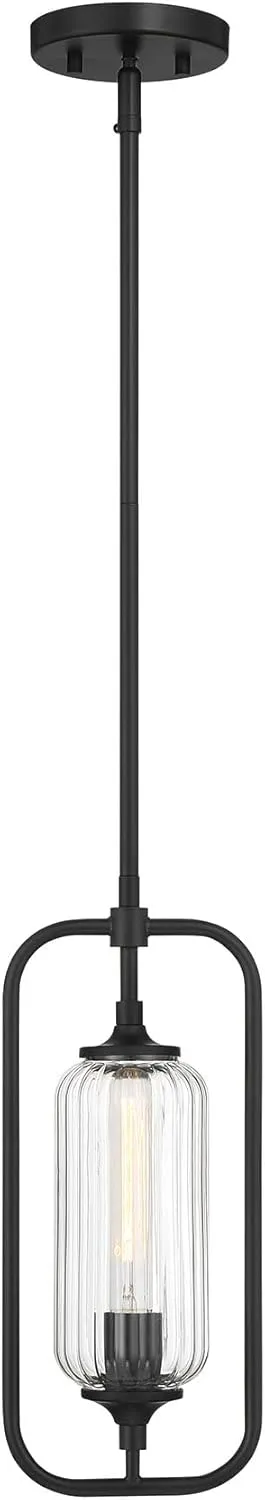 Savoy Essentials 7-3022-1-89 Holton Industrial Contemporary Vintage Clear Ribbed Glass Mini-Pendant, 1-Light 60 Watt, 15" H x 7" W, Matte Black