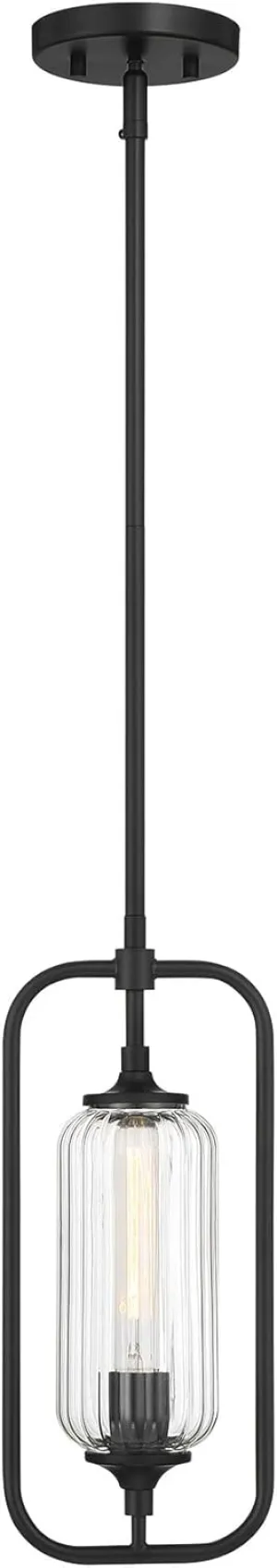 Savoy Essentials 7-3022-1-89 Holton Industrial Contemporary Vintage Clear Ribbed Glass Mini-Pendant, 1-Light 60 Watt, 15" H x 7" W, Matte Black