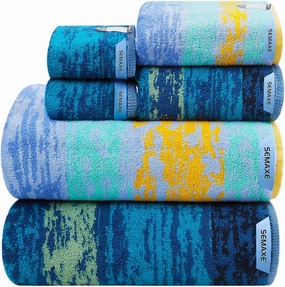 SEMAXE 6-Piece Colorful Bathroom Towel Set - 100% Cotton, 2 Bath Towels, 2 Hand Towels, 2 Washcloths, Lighter Weight, Ultra-Soft and Super Absorbent
