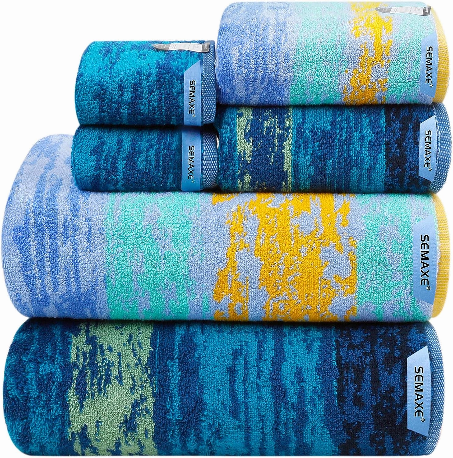 SEMAXE 6-Piece Colorful Bathroom Towel Set - 100% Cotton, 2 Bath Towels, 2 Hand Towels, 2 Washcloths, Lighter Weight, Ultra-Soft and Super Absorbent