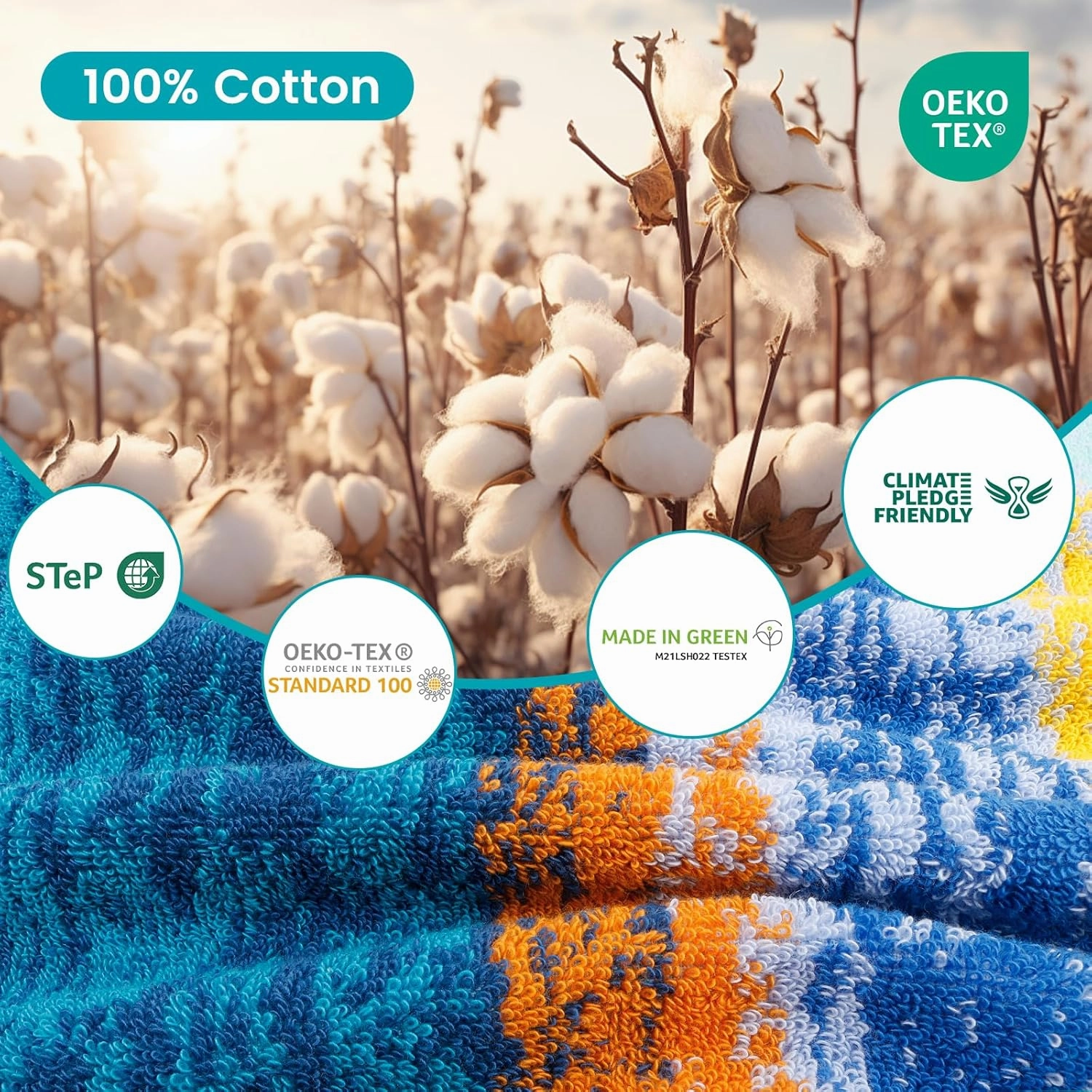 SEMAXE 6-Piece Colorful Bathroom Towel Set - 100% Cotton, 2 Bath Towels, 2 Hand Towels, 2 Washcloths, Lighter Weight, Ultra-Soft and Super Absorbent
