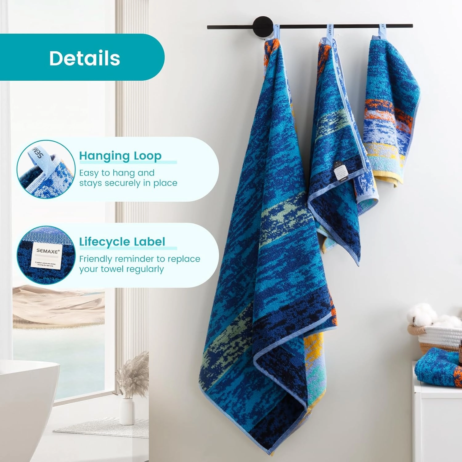 SEMAXE 6-Piece Colorful Bathroom Towel Set - 100% Cotton, 2 Bath Towels, 2 Hand Towels, 2 Washcloths, Lighter Weight, Ultra-Soft and Super Absorbent