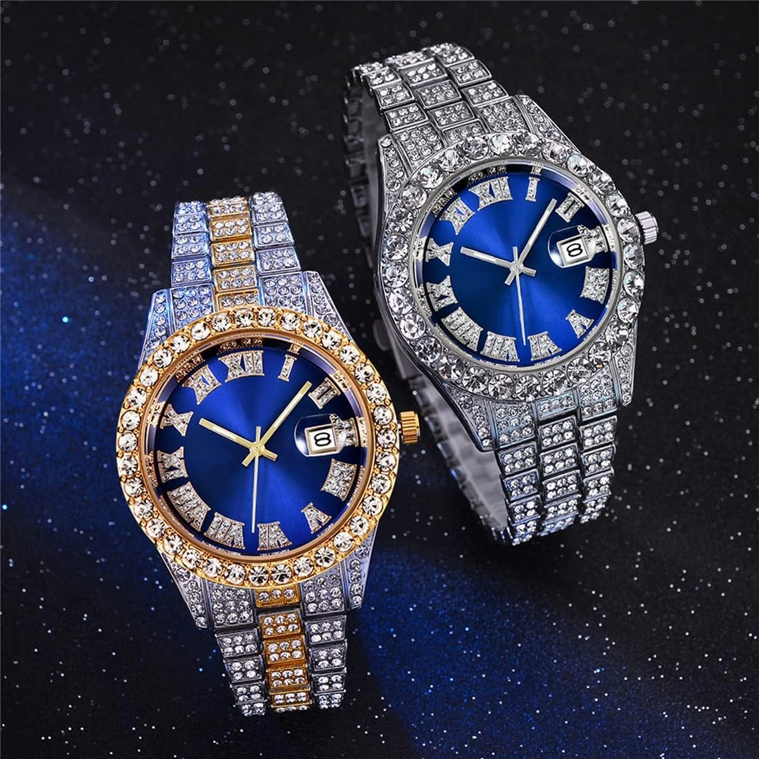 SENRUD Men's Diamond Watch Fashion Crystal Rhinestone Quartz Analog Watch Iced-Out Bracelet Wrist Watch