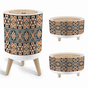 Set of 3 Trash Can with Press Lid Spanish Espa ol ornament texture ceramic tile arabesque square shape Medium Garbage Can & Small Desktop Trash can, Waste Bin Wastebasket for Bathroom Kitchen Office