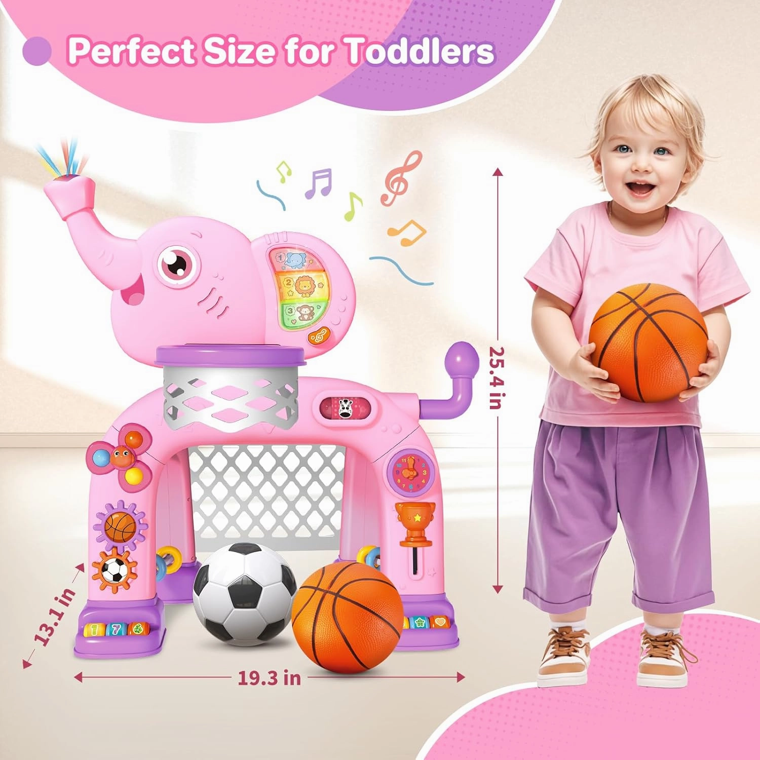 Shemira Toddler Basketball Hoop & Soccer Goal Activity Center Toys with Light & Music,Elephant Toddlers Musical Toys Gift, Baby & Toddlers Christmas Birthday Gift for 1 2 3 Year Old Boys & Girls