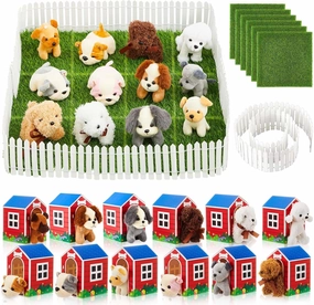 ShinyRelief 38 Pcs Dog Party Favors Include 12 Puppy Boxes with 12 Mini Plush Dog Stuffed Animals 12 Fake Grass 2 Mini Fence for Kid Adopt a Puppy Birthday Gifts Miniature Ornament Dollhouse