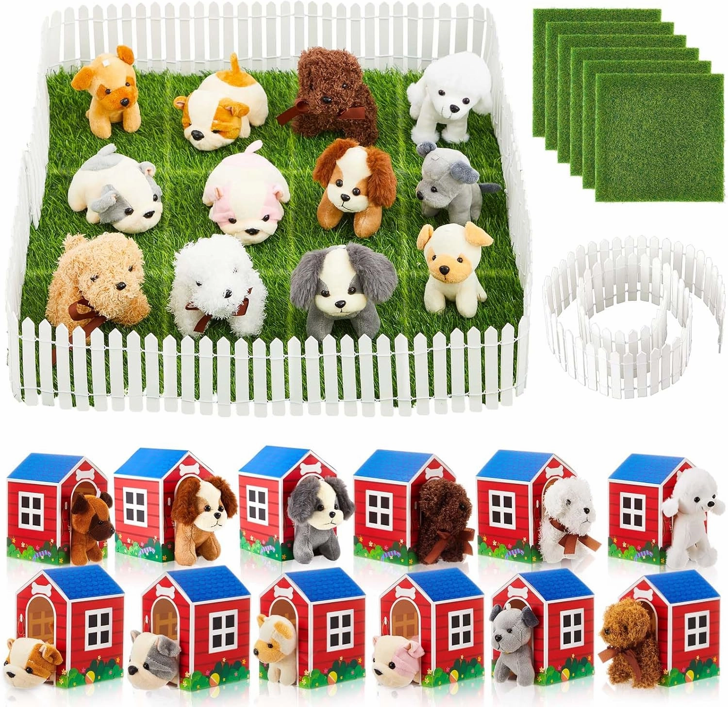 ShinyRelief 38 Pcs Dog Party Favors Include 12 Puppy Boxes with 12 Mini Plush Dog Stuffed Animals 12 Fake Grass 2 Mini Fence for Kid Adopt a Puppy Birthday Gifts Miniature Ornament Dollhouse